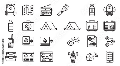 фотографія Emergency survival kit icons set, 24 outline disaster preparedness vector elemen