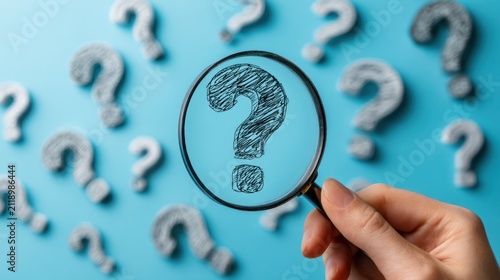 Question mark symbols under magnifying glass concept on blue backdrop