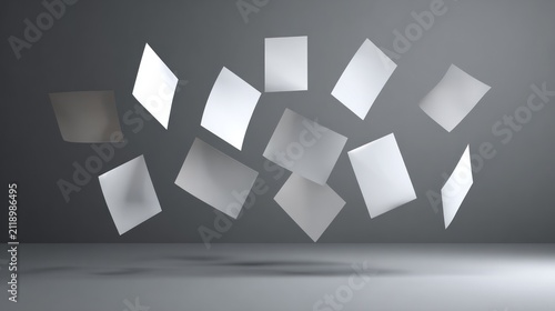 Floating papers illustration with dynamic composition and dramatic lighting