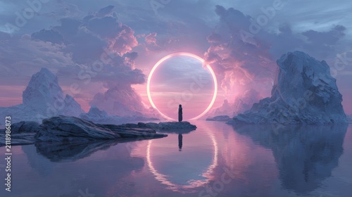 Silhouette person standing before a large celestial body reflecting on tranquil water