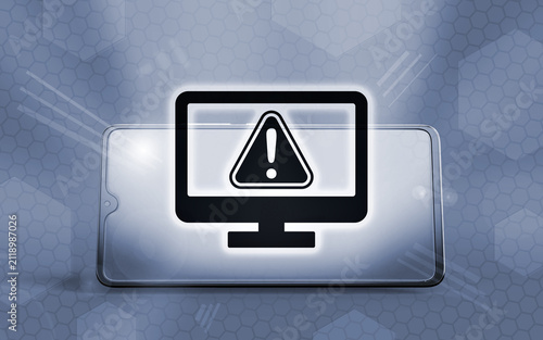 Representación en 3D de un teléfono inteligente moderno con un icono de advertencia brillante en pantalla, simbolizando problemas de ciberseguridad, fallos técnicos o errores de sistema.