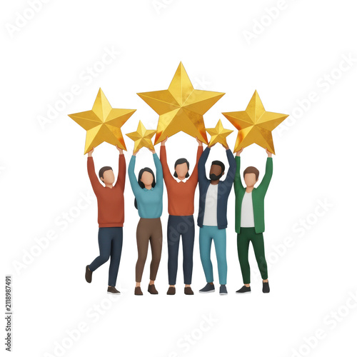 Five flat minimalist vector figures in contrasting color blocks raising shiny metallic gold stars overhead on a clean gray background, concept of outstanding achievement