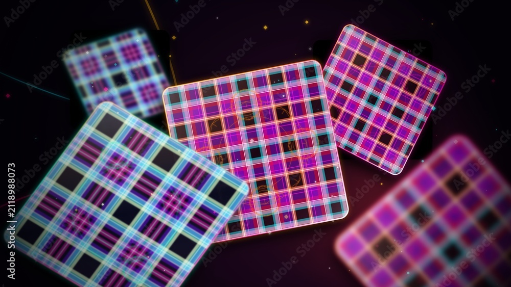 Obraz premium Glowing Neon Acrylic Tartan Plaid Floating in Dark Abstract Space with Sunset Gradient Illumination