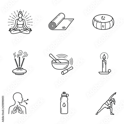 Yoga Meditation Wellness Line Icons Set