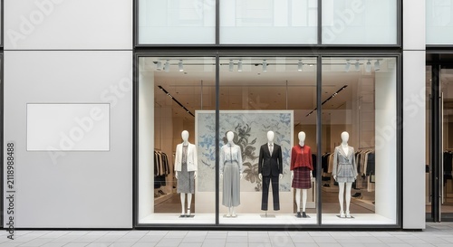 Chic urban shop exterior showcasing a broad glass pane for displays and a smooth neutral wall section designed for custom signage placement, sidewalk, facade, display