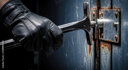 Gloves made of dark leather hold a heavy steel pry bar near a locked metal door at night, showing tools for a stealthy forced entry, duffel, nighttime, sinister