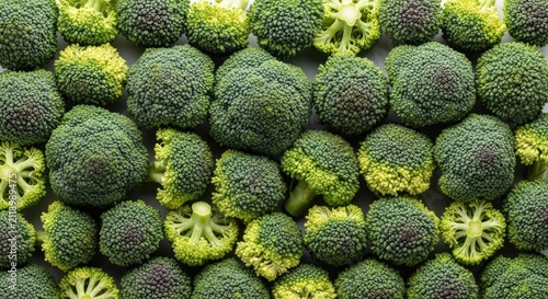A dense arrangement of fresh broccoli florets covers a dark gray surface. The broccoli heads display a vibrant green color with lighter green accents at the base.