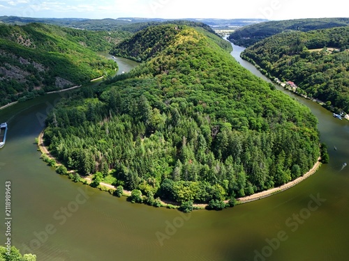 Cargo Ship Navigating the Saar Loop (Saarschleife) in Saarland, Germany
