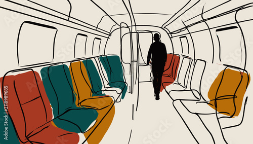 Konstfotografi A lone figure walks down the aisle of an empty subway car with colorful seats