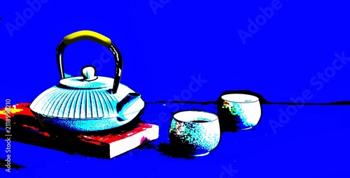 Vibrant pop art Japanese tetsubin teapot with tea cups on blue background, colorful tea ceremony illustration, traditional Asian drink set