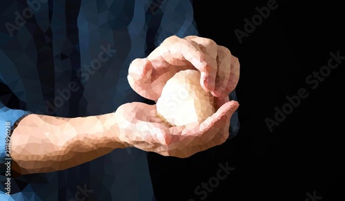 Closeup baker hands kneading dough ball in low poly geometric mosaic style, bread making process, artisan bakery concept on dark background