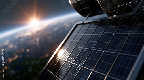 Close-up View of Solar Panels Reflecting Earth and Glo from Space