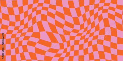 Vibrant retro-style checkered vector pattern in bold pink and orange squares. Eye-catching groovy design perfect for fashion graphics, creative backgrounds, and contemporary decorative projects.