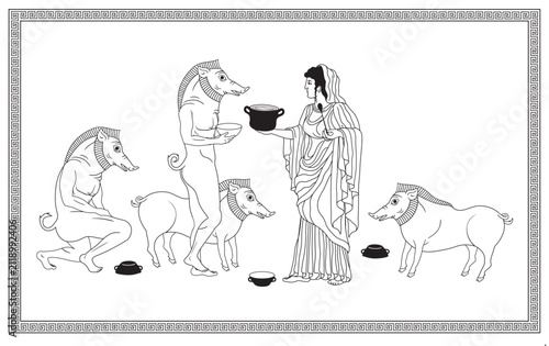 Vector illustration of Circe turning Odysseus's men into pigs