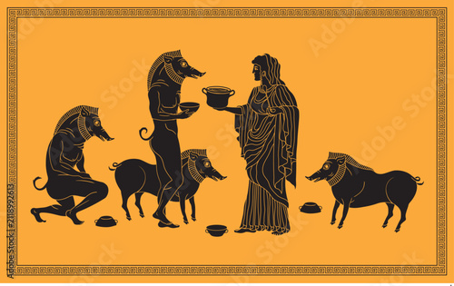 Vector illustration of Circe turning Odysseus's men into pigs