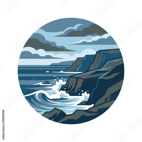 Circular coastal landscape with crashing waves and rocky cliffs.