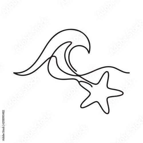 Ocean Wave with Starfish Line Art Vector