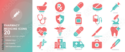 pharmacy medicine pill drug prescription capsule medication healthcare apothecary treatment icon set vector flat illustration medical web graphic