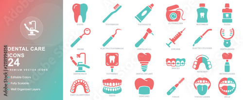 dental care dentist tooth healthcare clinic medicine toothbrush stomatology oral health icon set vector flat illustration medical graphic web