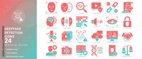 deepfake detection ai artificial intelligence face biometric security scan fake verification icon set vector flat illustration technology graphic web