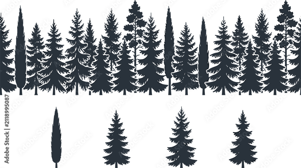 Obraz premium Blue Pine Tree Forest Seamless Horizon Pattern and Individual Evergreen Conifer Silhouette Set for Winter Landscape Backgrounds and Nature Inspired Designs