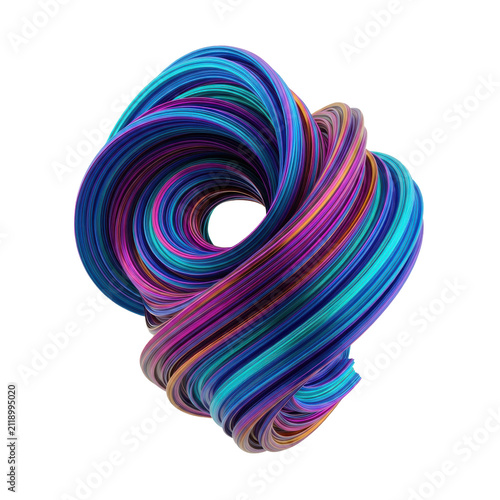 A massive, glossy chrome 3d sculptural brushstroke, twisting dynamically and reflecting iridescent blue, magenta, and purple, isolated against a transparent background. Concept of abstract