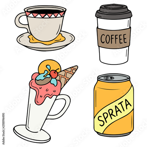 Colorful hot and cold drinks vector illustration set, cute hand drawn tea cup, paper coffee cup, ice cream milkshake, and soda can on blank background