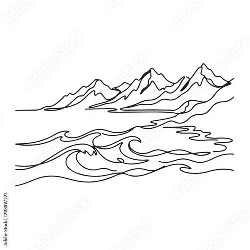 Ocean Waves with Coastal Mountains Line Art Vector