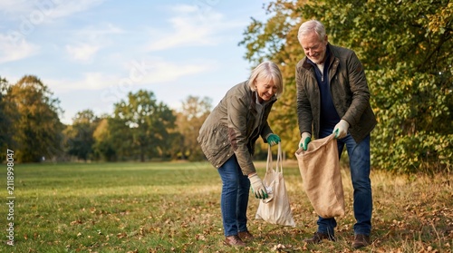 Senior Couple Volunteering for Park Cleanup on Senior Citizen Day