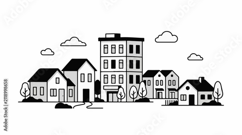 A minimalist line art illustration depicts a row of houses and a tall building