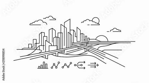 A minimalist line-art depiction of a city skyline with highway infrastructure
