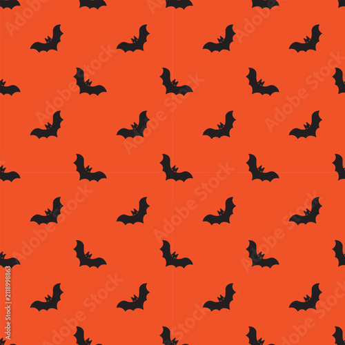 Black Bats on Vibrant Orange Halloween Seamless Pattern. Spooky flying bats repeat pattern on orange background for festive wrapping paper and party decorations.