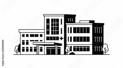 A minimalist line-art illustration of a modern hospital building with trees