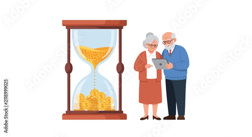 Senior Couple Managing Retirement Savings and Pension Fund with Digital Tablet next to Hourglass Turning Time into Money Coins