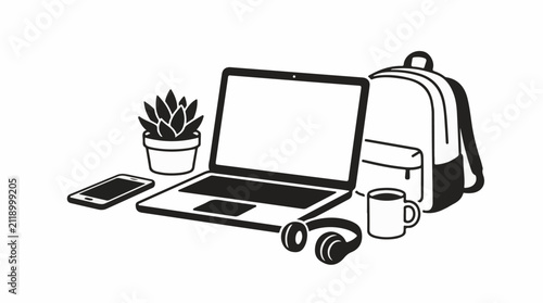 A laptop smartphone plant headphones mug and backpack arranged on a surface