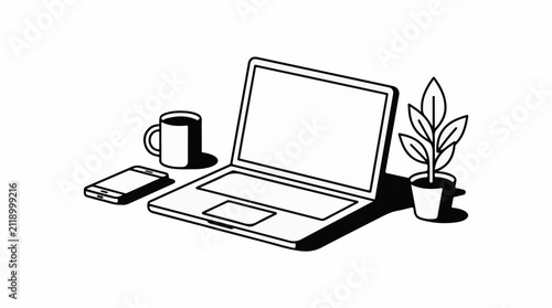 A laptop phone coffee mug and plant on a desk