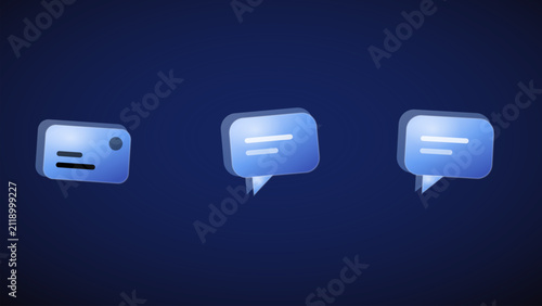 Glossy blue chat bubble icons. 3D speech notification symbols for digital communication.