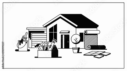 A house undergoing renovation with tools and materials