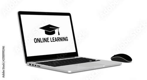 A laptop displaying Online Learning with a graduation cap icon