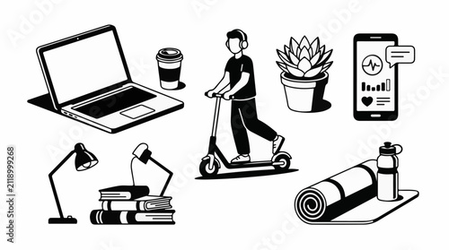 A laptop coffee scooter rider potted plant phone books and yoga mat
