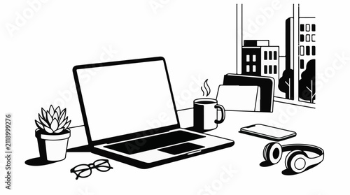 A laptop coffee and headphones on a desk with a city view