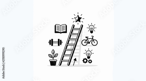 A ladder of success with icons for learning fitness and ideas