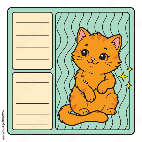 Cute Sitting Orange Tabby Kitten Notepad Template, Vector Illustration