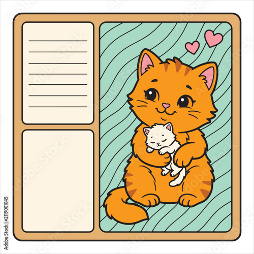 Cute Orange Cat Hugging Sleeping White Kitten Notepad Template, Vector Illustration