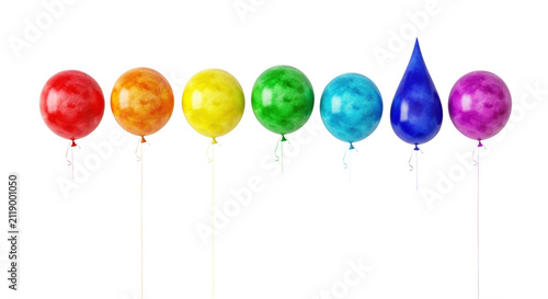 Seven watercolor texture helium balloons, full color spectrum, arranged in a flat lay, high-key studio photograph against white. Concept of cultural diversity and celebration