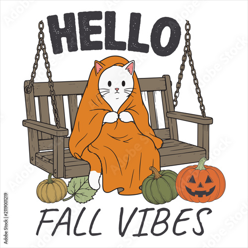 Cute White Cat Wrapped in Orange Blanket Sitting on Wooden Porch Swing, Hello Fall Vibes Autumn Vector Illustration