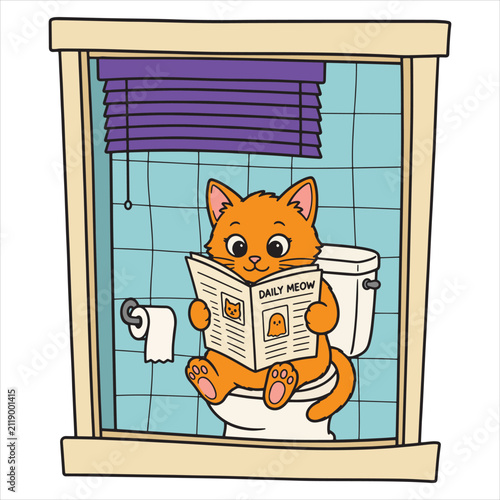 Funny Orange Cat Sitting on Toilet Bowl Reading Newspaper in Bathroom, Vector Illustration
