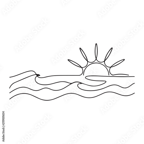 Ocean Waves and Rising Sun Line Art Vector