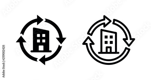 Building renovation cycle icons in solid and outline styles.