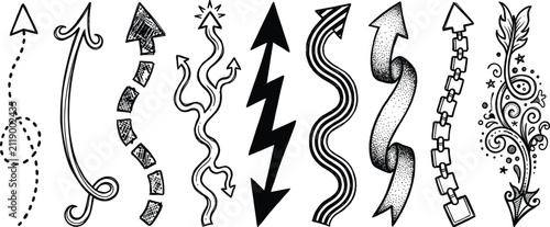 Decorative Hand Drawn Arrows Vector Set Vintage Doodle Arrow Collection For Design Elements Ornate Pointers Drawn Line Art Symbols Isolated On White
